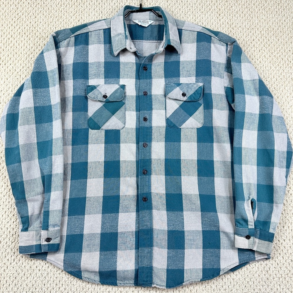 Vtg Five Brother Flannel Shirt Mens 2XL Tallman Teal Blue Gray Plaid Heavy USA